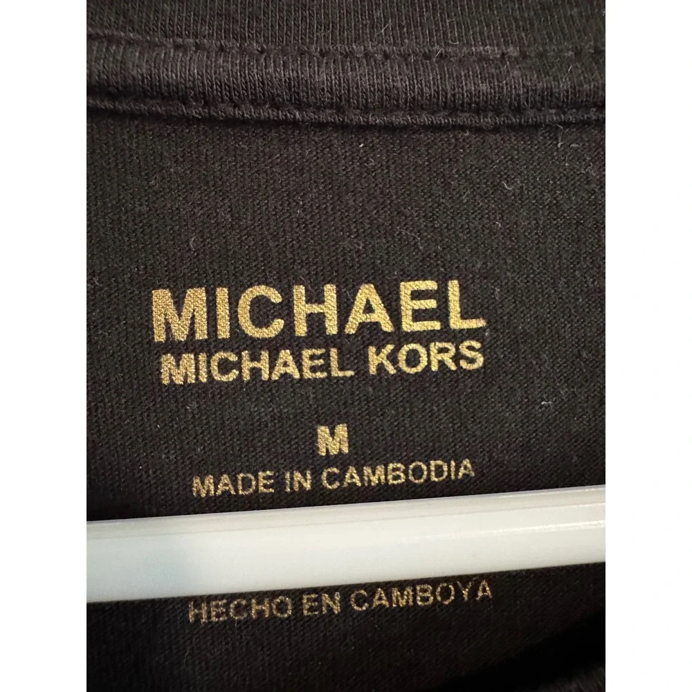 Michael Kors Studded Logo T-Shirt‎ Womens Medium Black Gold MK Graphic Tee